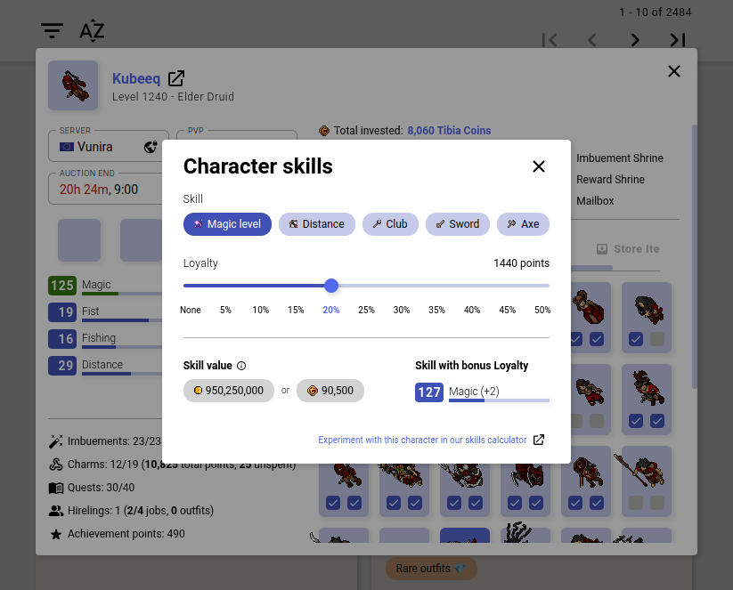 In-depth information about an auctioned character's skills